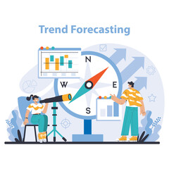 Trend watching. Specialist tracking new business trends. Forecasting, data analysis and promotion strategy development. Flat vector illustration