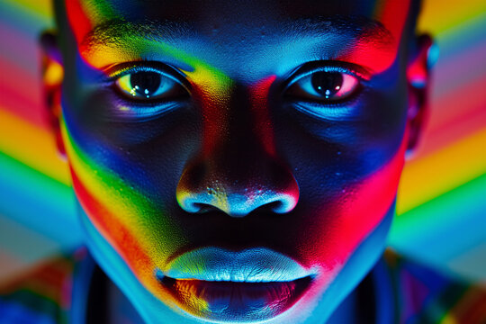 Vibrant portrait of person with rainbow light projections Generative AI image