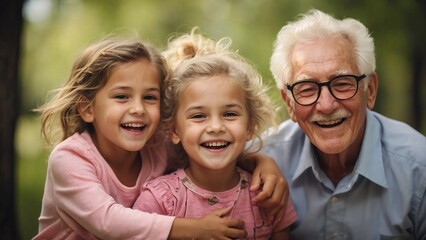 Fototapeta premium Happy children having fun and love with their grandparents together. Family poeple fun concept