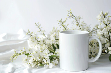 Obraz na płótnie Canvas Rustic Elegance: Blank White Mug Mockup with Leaves & Flowers 