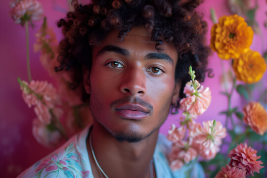Portrait of a young man with flowers on a pink background Generative AI image