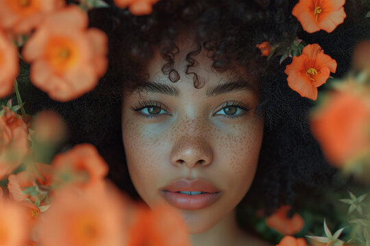 Portrait of a young woman with freckles among flowers Generative AI image