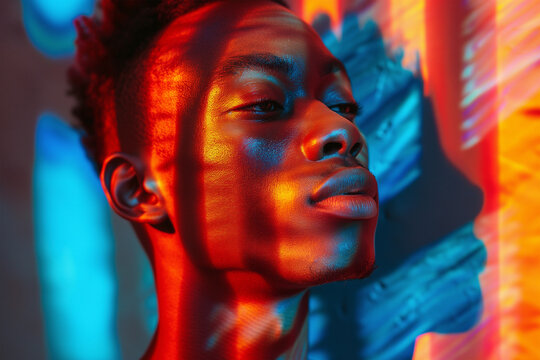 Young man's portrait in vibrant colored light Generative AI image