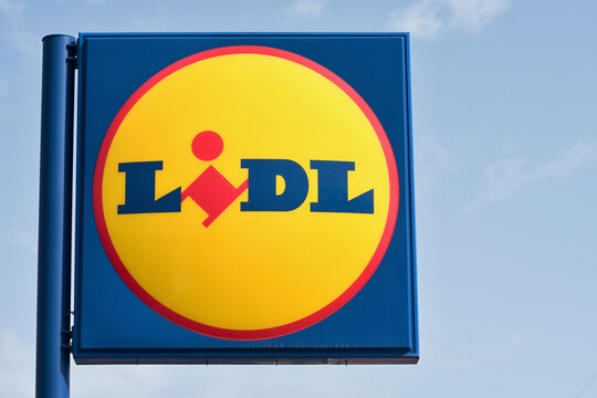 Tenerife, Spain January 28 st, 2024: Sign of Lidl supermarket sky in Tenerife Canary islands. Lidl Stiftung & Co. KG is a German global discount supermarket chain that operates over 12 000 stores 
