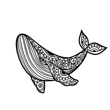 Whale mandala. Vector illustration. Adult coloring page. Whale sea animal in Zen boho style. Peaceful marine. Mystical and Spiritual art