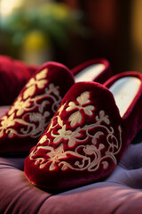 A pair of fashionable velvet slippers with intricate ethnic pattern. A close-up of red slip-ons decorated with traditional ornament embroidery. AI-generated