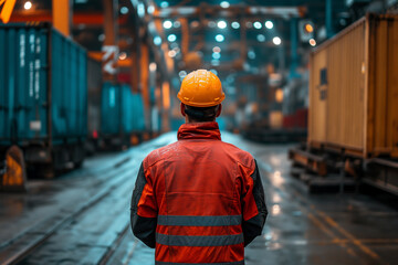 Industrial worker overseeing operations at cargo terminal Generative AI image