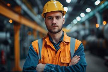 Confident industrial worker in a manufacturing plant Generative AI image