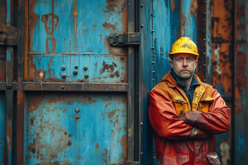 Confident worker in hard hat against a rusty container door Generative AI image