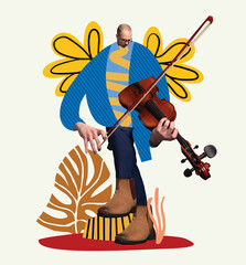 Bald talented man playing violin against abstract floral doodles background. Contemporary art...