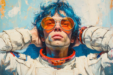 Generative AI illustration of artistic rendition of a relaxed astronaut with blue hair and orange-tinted sunglasses against a textured background