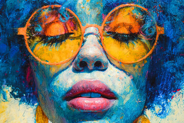 Generative AI illustration of intensely detailed close-up of an artistic painting showing a face with striking orange glasses against a blue textured backdrop