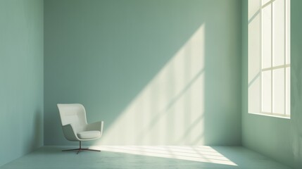 Minimalistic light pastel green room with single armchair and window with copyspace area for text