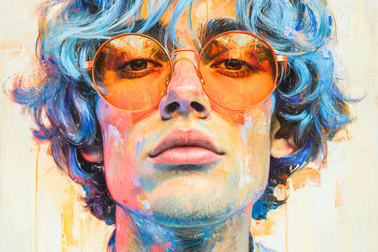 Generative AI illustration of vibrant close-up portrait of a figure with blue hair and orange-tinted glasses against an abstract painted backdrop
