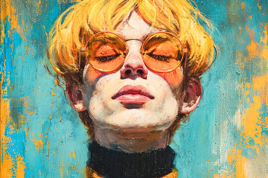 Generative AI illustration of close-up of a painted portrait featuring a person with yellow hair and orange round sunglasses, against a textured blue background