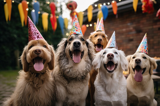 Joyful dogs celebrating with party hats outdoors Generative AI image