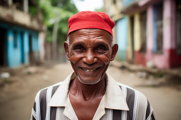 Elderly man with a warm smile in a red cap on a street Generative AI image