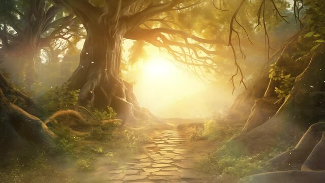 path through magical forest at sunrise mysterious. seamless looping overlay 4k virtual video animation background 