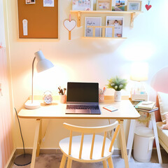 A photo of a sweet and charming working table, set up in a cozy corner that inspires creativity and productivity