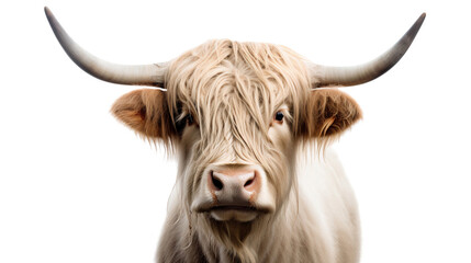 Scottish highland cow close up, front view, transparent, isolated on white background