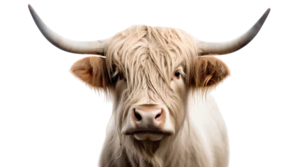 Photo sur Plexiglas Highlander écossais Scottish highland cow close up, front view, transparent, isolated on white background