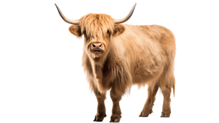 Portrait of a Scottish highland cow full body, front view, transparent, isolated on white background