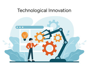 Technological Innovation concept. Integrating advanced automation for productivity and cost management in business operations. Flat vector illustration