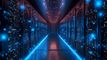 The elegance of data management: rows of server racks illuminated with precision