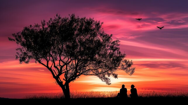 Silhouette of a loving couple under the tree during sunset.