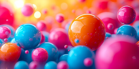Fototapeta na wymiar Abstract vivid colors wallpaper with floating jumping balls and spheres. 3d render style.
