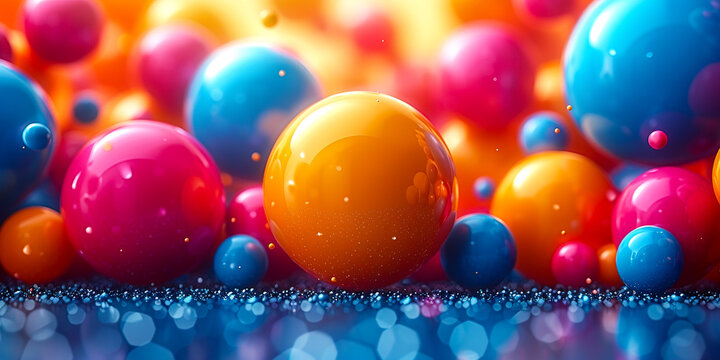 Abstract vivid colors wallpaper with floating jumping balls and spheres. 3d render style.
