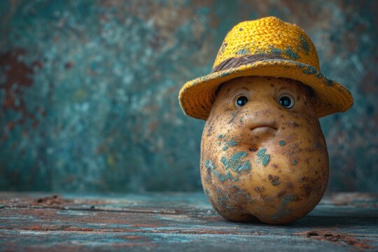 Potatoes in a yellow hat with a sad smiley face