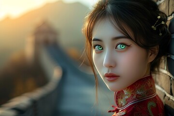 Portrait of a beautiful asian woman with chinese dress at sunset. beautiful asian woman with red kimono on the mountain. Chinese girl with ebony hair. - obrazy, fototapety, plakaty