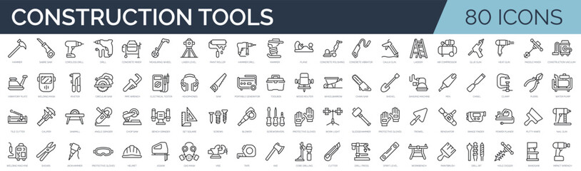 Set of 80 outline icons related to construction tools. Linear icon collection. Editable stroke. Vector illustration