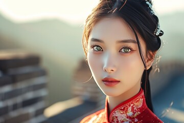 Portrait of a beautiful asian woman with chinese dress at sunset. beautiful asian woman with red kimono on the mountain. Chinese girl with ebony hair. - obrazy, fototapety, plakaty