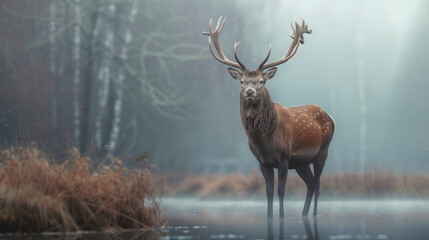 Deer stands in a foggy forest
