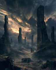 Fantasy alien planet. Mountain landscape. Ruins of the ancient city. Ruins of ancient temple in the desert. Remnants of an ancient civilization, with weathered ruins standing against a dramatic sky. 