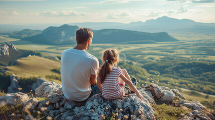 Father sits with his daughter on the edge of a cliff and watches nature
