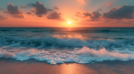 A tranquil beach, with azure waves as the background, during a serene sunset - obrazy, fototapety, plakaty