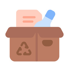 Recycle paper and bottle inside box icon with flat color style