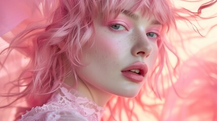 Portrait of a girl with wavy pink hair
