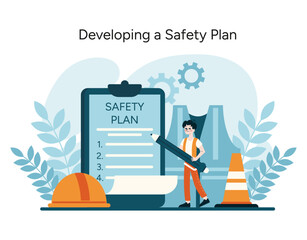 Developing a Safety Plan vector. Detailing a worker's involvement in formulating robust safety protocols, pivotal for industrial hazard prevention. Flat vector illustration