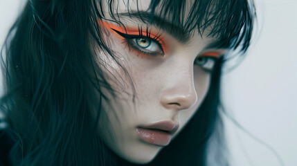 Fototapeta premium Portrait of a girl with a bob and bright orange makeup 