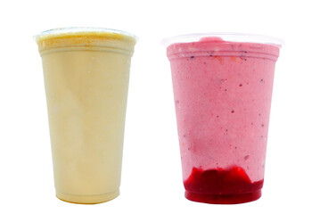 Panoramic still life of colorful frozen fruit granita drinks flowing in plastic takeaway cups with...
