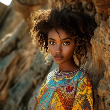 Beautiful african american woman with afro hairstyle in traditional clothing. Beautiful Afro American girl with rich mahogany skin and expressive hazel eyes, her curly ebony hair framing her face. 