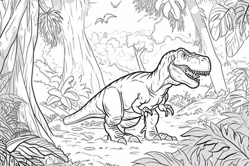 Tyrannosaurus Rex Dinosaur Black White Linear Doodles Line Art Coloring Page, Kids Coloring Book