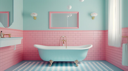 Fototapeta na wymiar Interior of a stylish bathroom in blue and pink colors 