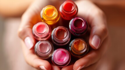Variety of nail polish colors in woman hand. A close-up of bottles of nail polish, female manicure - obrazy, fototapety, plakaty
