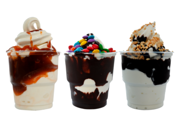 Panoramic still life of colorful frozen fruit granita drinks flowing in plastic takeaway cups with ice cream straws taste.