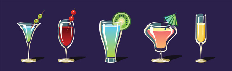 Alcoholic Drink and Cocktails in Glass Vector Set